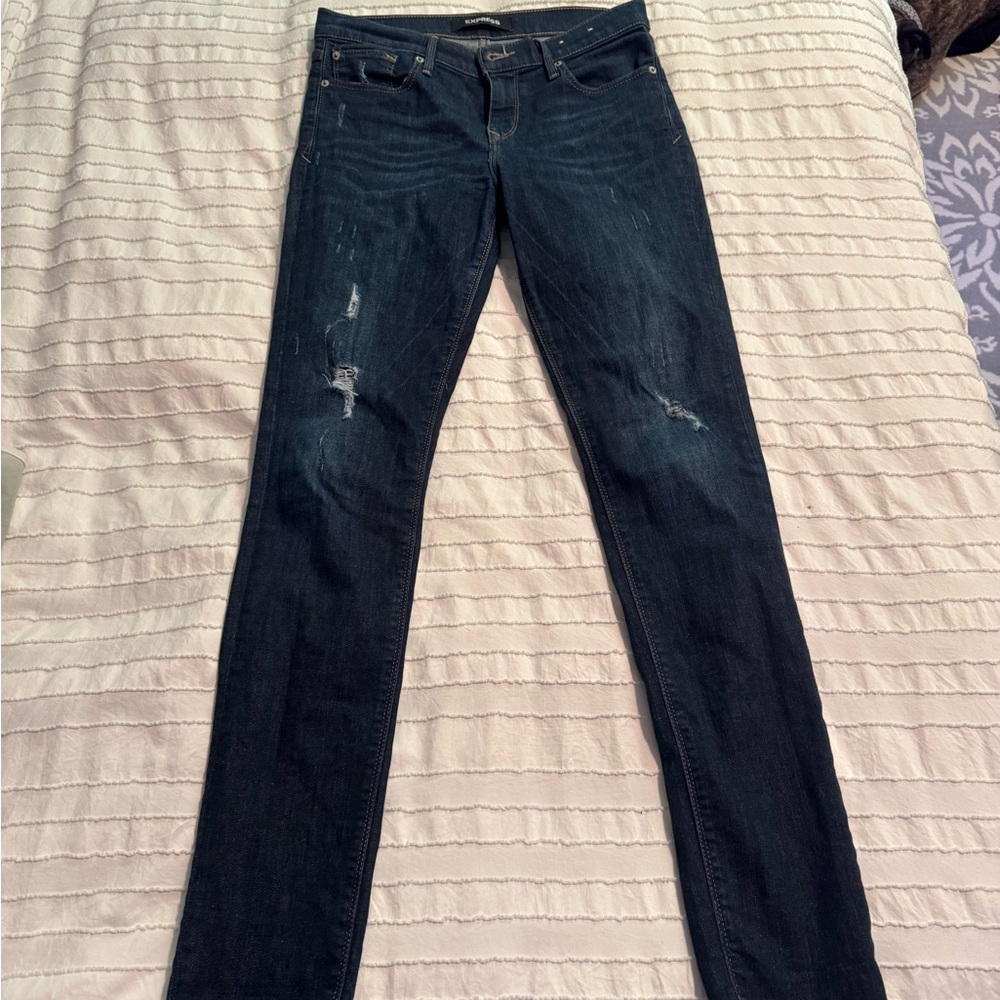 Express Women's Dark Indigo Distressed Skinny Jeans